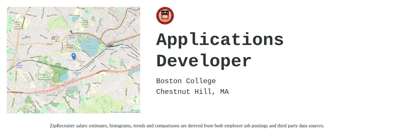 Boston College job posting for a Applications Developer in Chestnut Hill, MA with a salary of $48 to $69 Hourly with a map of Chestnut Hill location.