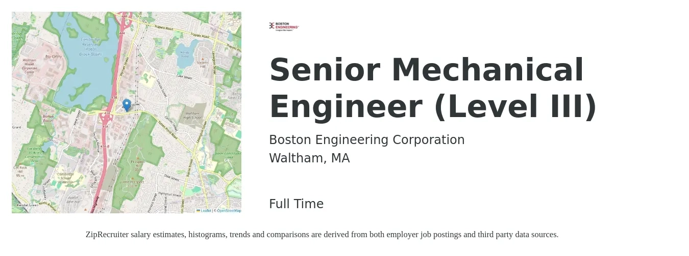 Boston Engineering Corporation job posting for a Senior Mechanical Engineer (Level III) in Waltham, MA with a salary of $113,900 to $150,400 Yearly with a map of Waltham location.