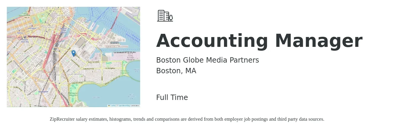 Boston Globe Media Partners job posting for a Accounting Manager in Boston, MA with a salary of $84,500 to $121,300 Yearly with a map of Boston location.