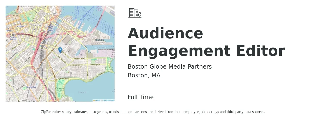 Boston Globe Media Partners job posting for a Audience Engagement Editor in Boston, MA with a salary of $24 to $45 Hourly with a map of Boston location.