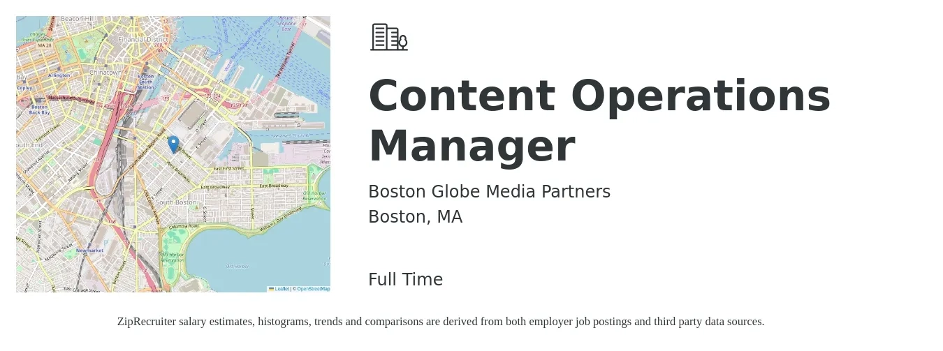 Boston Globe Media Partners job posting for a Content Operations Manager in Boston, MA with a salary of $30 to $51 Hourly with a map of Boston location.