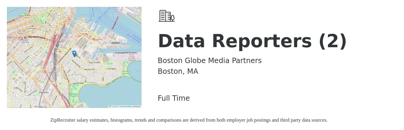 Boston Globe Media Partners job posting for a Data Reporters (2) in Boston, MA with a salary of $18 to $25 Hourly with a map of Boston location.