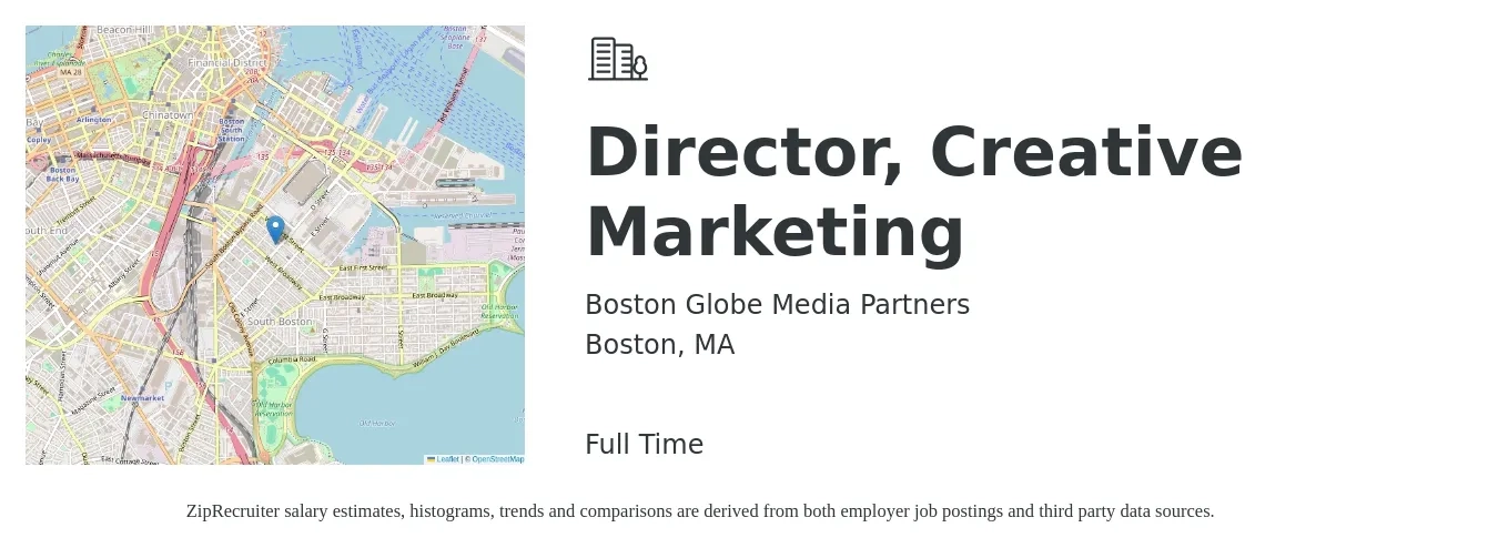 Boston Globe Media Partners job posting for a Director, Creative Marketing in Boston, MA with a salary of $77,400 to $142,400 Yearly with a map of Boston location.