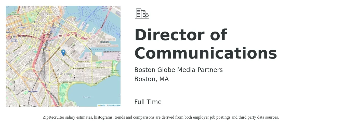 Boston Globe Media Partners job posting for a Director of Communications in Boston, MA with a salary of $80,100 to $136,500 Yearly with a map of Boston location.
