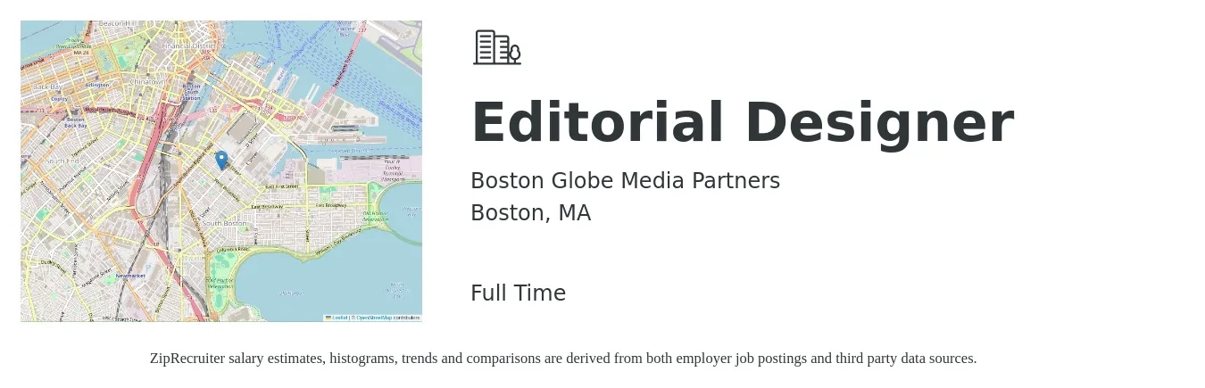 Boston Globe Media Partners job posting for a Editorial Designer in Boston, MA with a salary of $60,600 to $88,300 Yearly with a map of Boston location.