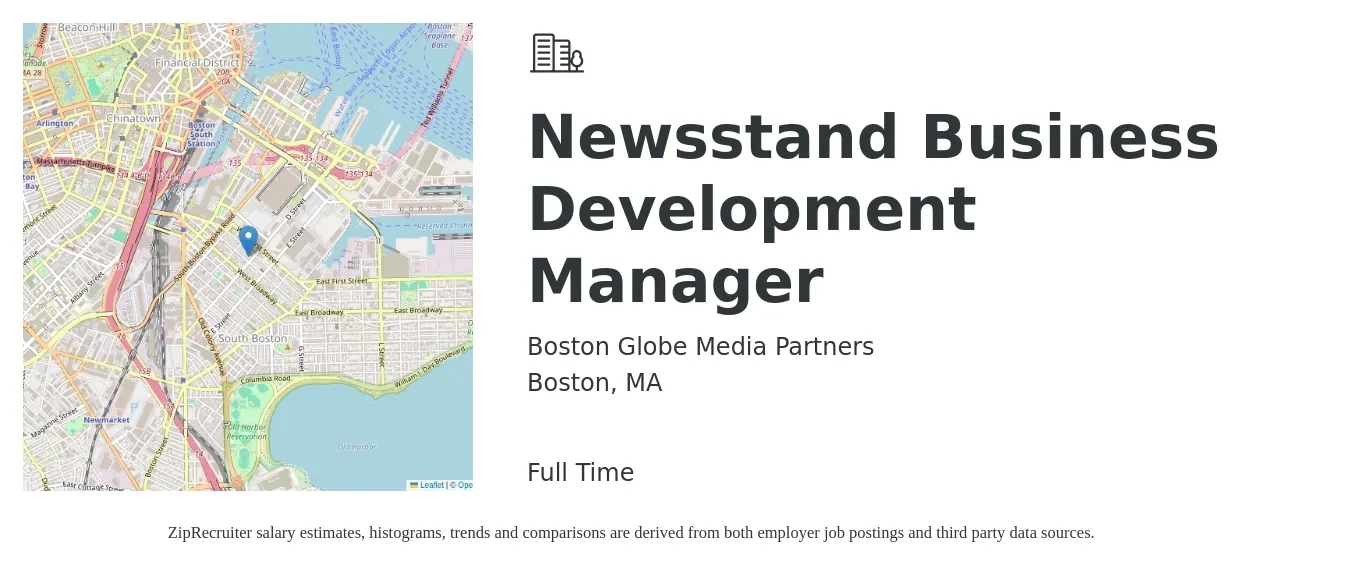 Boston Globe Media Partners job posting for a Newsstand Business Development Manager in Boston, MA with a salary of $62,500 to $113,500 Yearly with a map of Boston location.