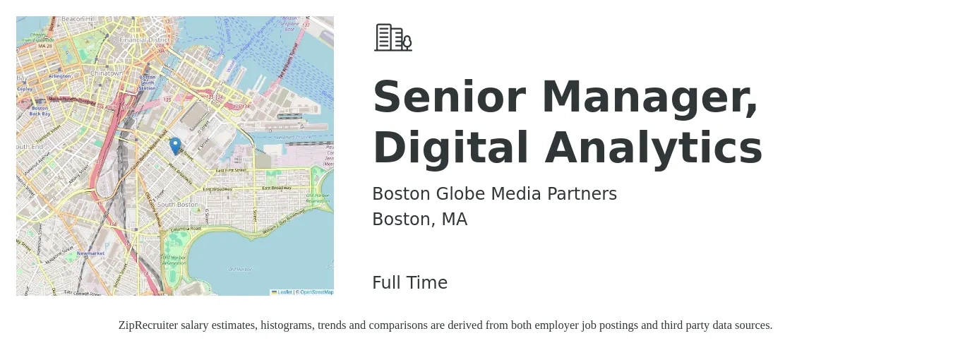 Boston Globe Media Partners job posting for a Senior Manager, Digital Analytics in Boston, MA with a salary of $101,600 to $146,700 Yearly with a map of Boston location.