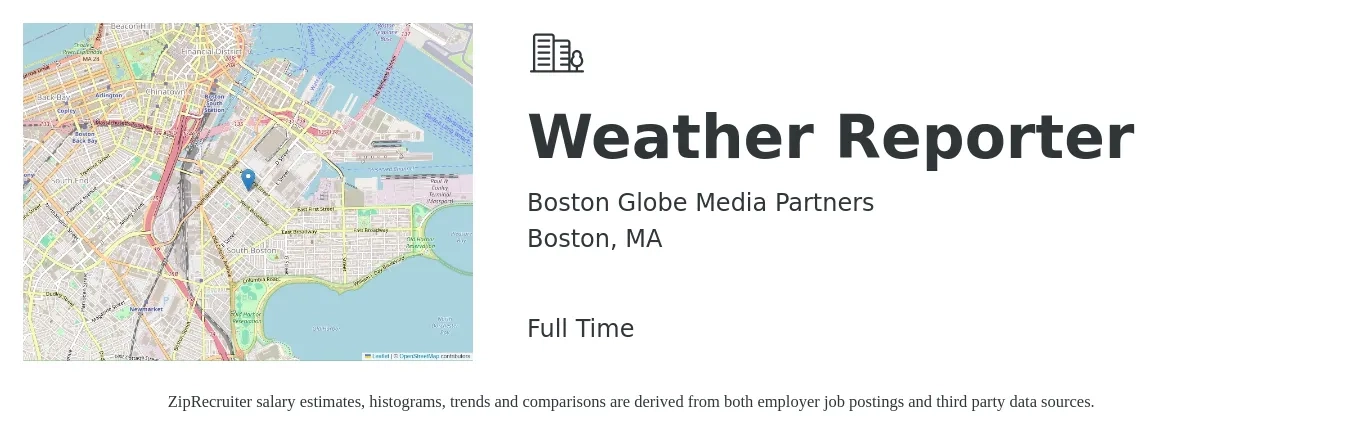 Boston Globe Media Partners job posting for a Weather Reporter in Boston, MA with a map of Boston location.