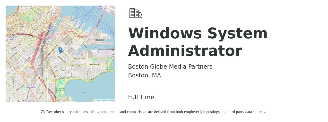 Boston Globe Media Partners job posting for a Windows System Administrator in Boston, MA with a salary of $85,600 to $119,700 Yearly with a map of Boston location.