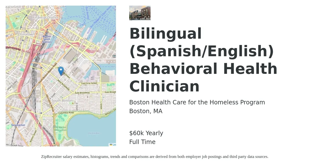 Boston Health Care for the Homeless Program job posting for a Bilingual (Spanish/English) Behavioral Health Clinician in Boston, MA with a salary of $60,000 Yearly with a map of Boston location.