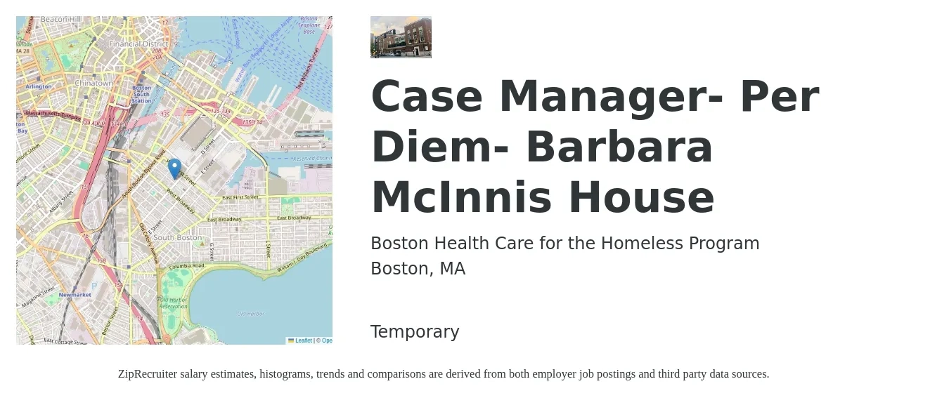 Boston Health Care for the Homeless Program job posting for a Case Manager- Per Diem- Barbara McInnis House in Boston, MA with a salary of $22 Hourly with a map of Boston location.