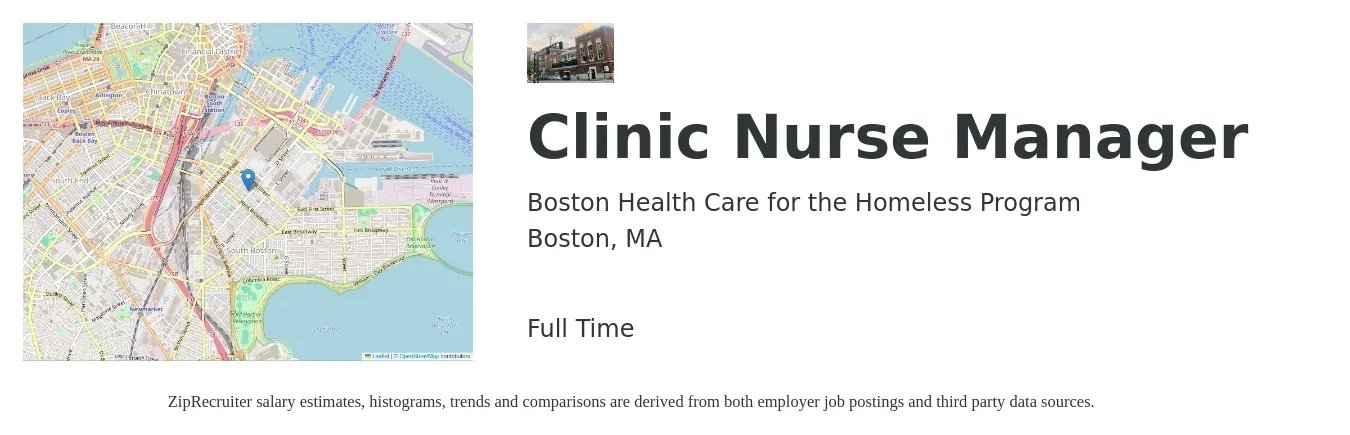 Boston Health Care for the Homeless Program job posting for a Clinic Nurse Manager in Boston, MA with a salary of $77,200 to $113,700 Yearly with a map of Boston location.