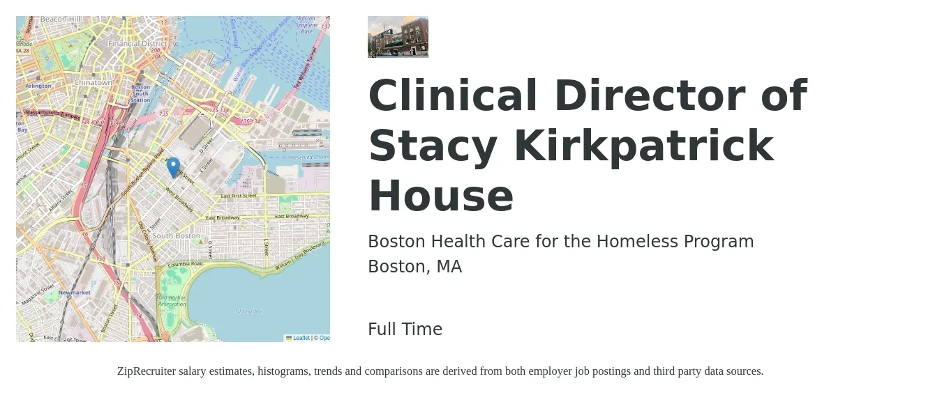 Boston Health Care for the Homeless Program job posting for a Clinical Director of Stacy Kirkpatrick House in Boston, MA with a salary of $87,000 to $118,600 Yearly with a map of Boston location.