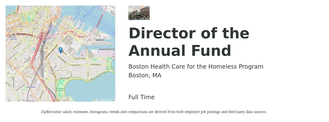 Boston Health Care for the Homeless Program job posting for a Director of the Annual Fund in Boston, MA with a salary of $77,200 to $107,100 Yearly with a map of Boston location.
