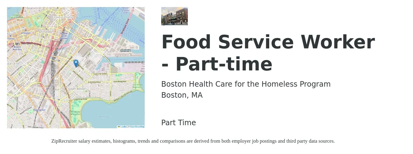 Boston Health Care for the Homeless Program job posting for a Food Service Worker - Part-time in Boston, MA with a salary of $22 Hourly with a map of Boston location.