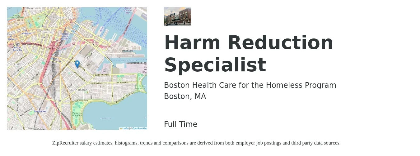 Boston Health Care for the Homeless Program job posting for a Harm Reduction Specialist in Boston, MA with a salary of $20 to $32 Hourly with a map of Boston location.
