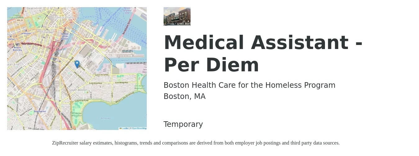 Boston Health Care for the Homeless Program job posting for a Medical Assistant - Per Diem in Boston, MA with a salary of $19 to $25 Hourly with a map of Boston location.