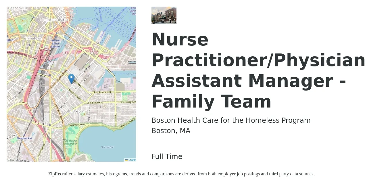 Boston Health Care for the Homeless Program job posting for a Nurse Practitioner/Physician Assistant Manager - Family Team in Boston, MA with a salary of $118,600 to $153,400 Yearly with a map of Boston location.