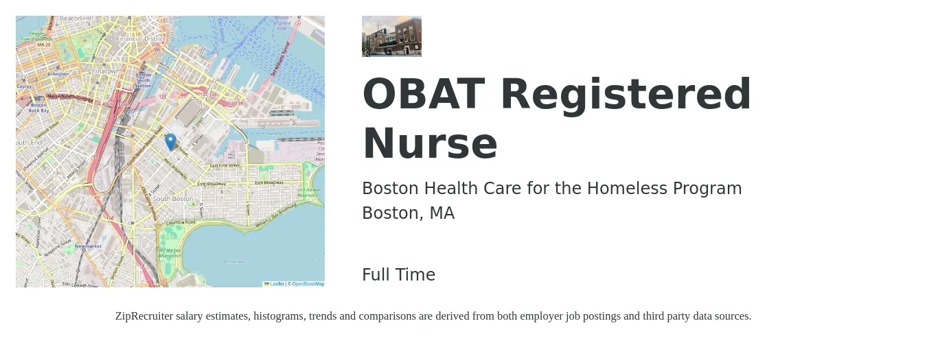 Boston Health Care for the Homeless Program job posting for a OBAT Registered Nurse in Boston, MA with a salary of $36 to $56 Hourly with a map of Boston location.