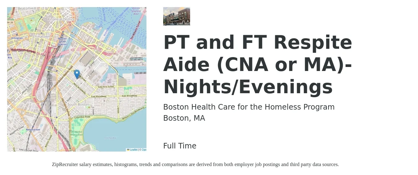 Boston Health Care for the Homeless Program job posting for a PT and FT Respite Aide (CNA or MA)- Nights/Evenings in Boston, MA with a salary of $17 to $22 Hourly with a map of Boston location.