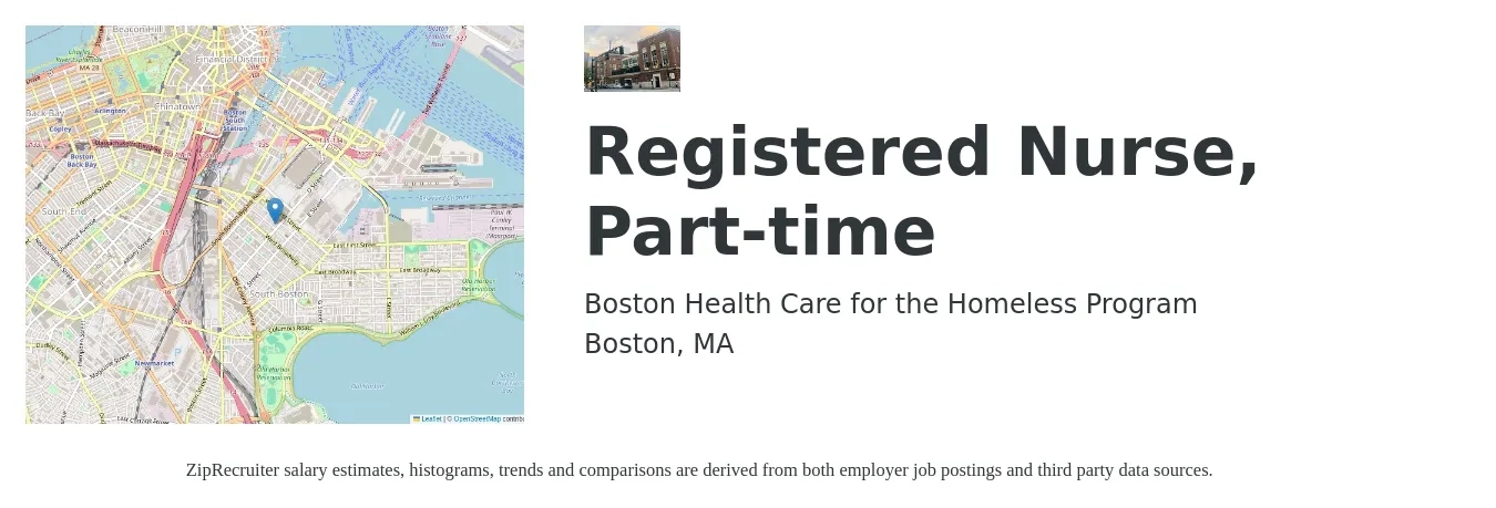Boston Health Care for the Homeless Program job posting for a Registered Nurse, Part-time in Boston, MA with a salary of $4,000 Weekly with a map of Boston location.