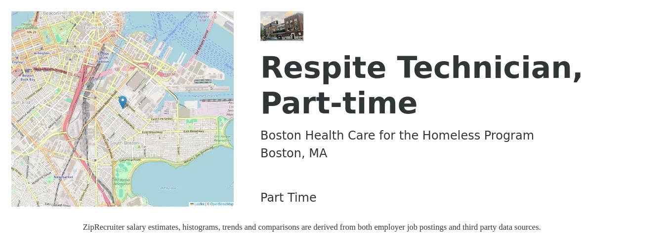 Boston Health Care for the Homeless Program job posting for a Respite Technician, Part-time in Boston, MA with a salary of $31 Hourly with a map of Boston location.