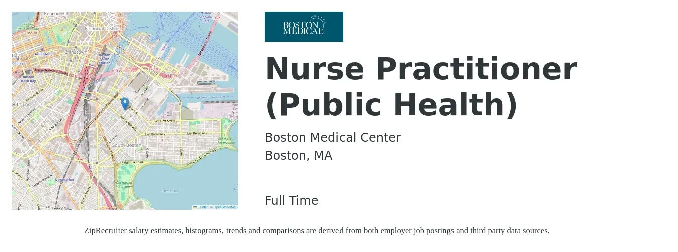 Boston Medical Center job posting for a Nurse Practitioner (Public Health) in Boston, MA with a salary of $117,500 to $163,200 Yearly with a map of Boston location.
