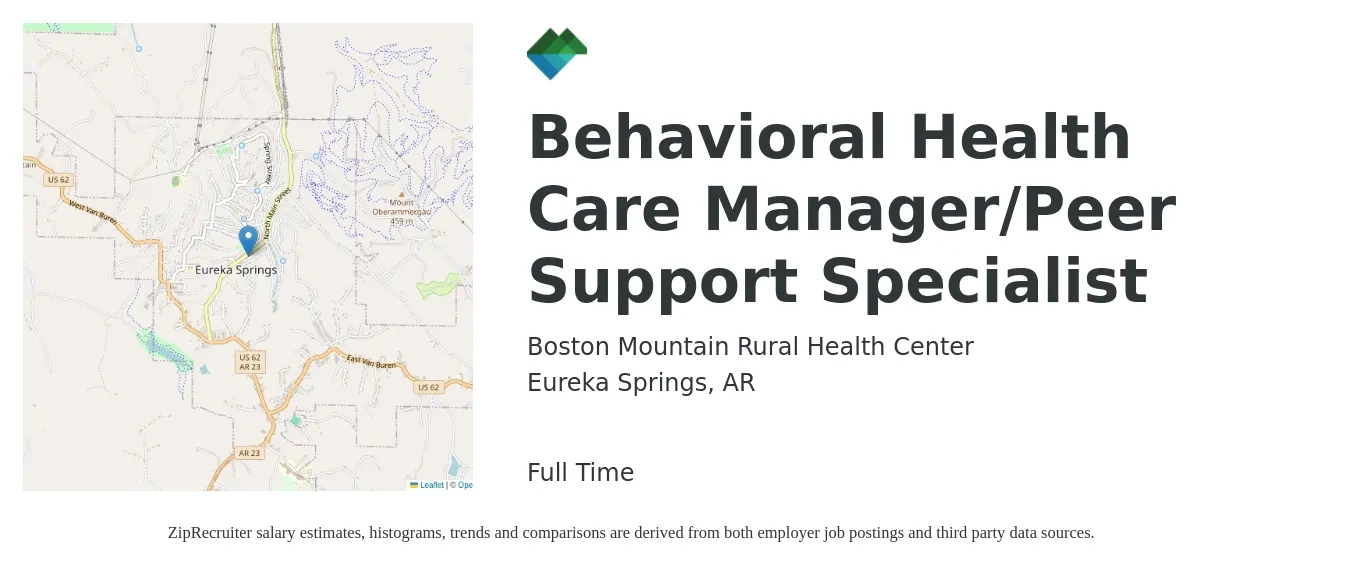 Boston Mountain Rural Health Center job posting for a Behavioral Health Care Manager/Peer Support Specialist in Eureka Springs, AR with a salary of $14 to $18 Hourly with a map of Eureka Springs location.