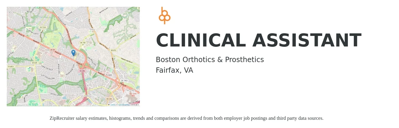 Boston Orthotics & Prosthetics job posting for a CLINICAL ASSISTANT in Fairfax, VA with a salary of $18 to $25 Hourly with a map of Fairfax location.