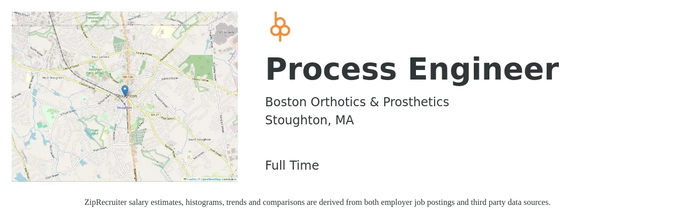Boston Orthotics & Prosthetics job posting for a Process Engineer in Stoughton, MA with a salary of $78,800 to $109,000 Yearly with a map of Stoughton location.