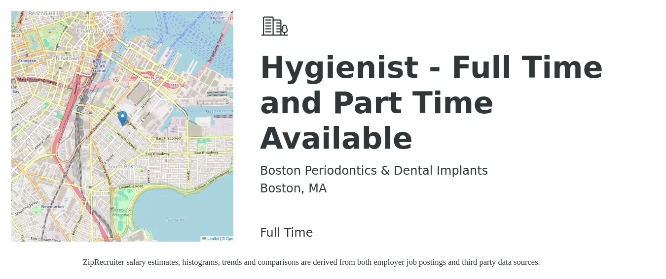 Boston Periodontics & Dental Implants job posting for a Hygienist - Full Time and Part Time Available in Boston, MA with a salary of $41 to $54 Hourly with a map of Boston location.