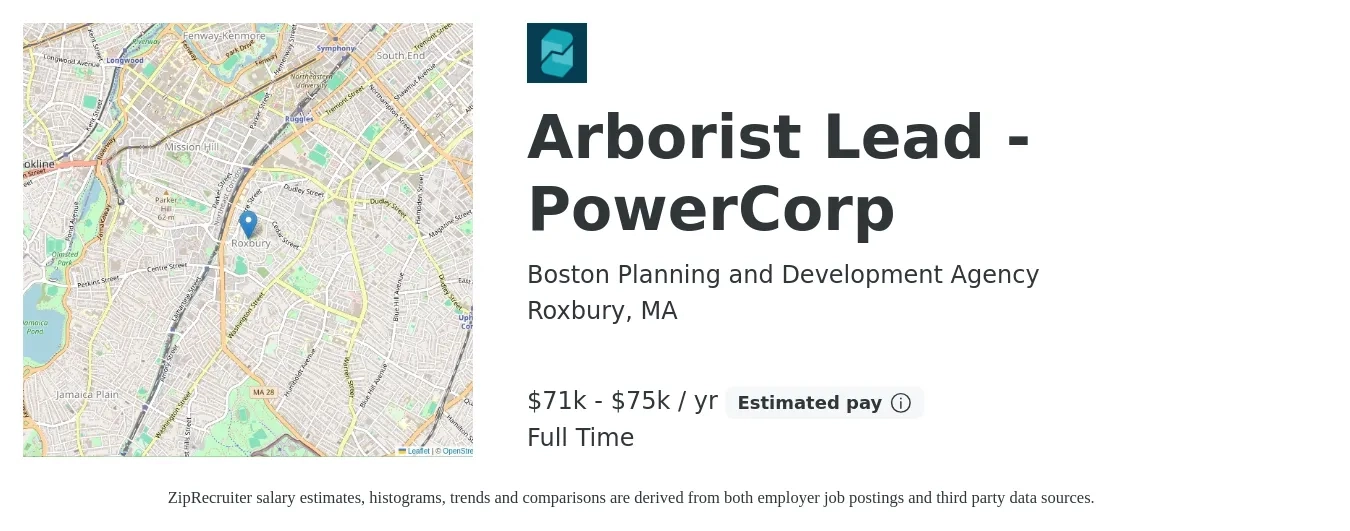 Boston Planning and Development Agency job posting for a Arborist Lead - PowerCorp in Roxbury, MA with a salary of $71,918 to $75,379 Yearly with a map of Roxbury location.