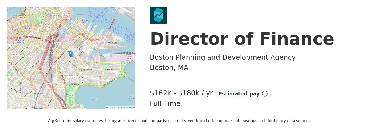 Boston Planning and Development Agency job posting for a Director of Finance in Boston, MA with a salary of $162,045 to $180,275 Yearly with a map of Boston location.