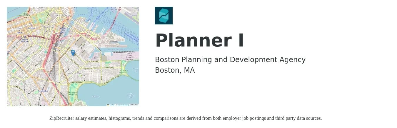 Boston Planning and Development Agency job posting for a Planner I in Boston, MA with a salary of $73,205 to $84,186 Yearly with a map of Boston location.