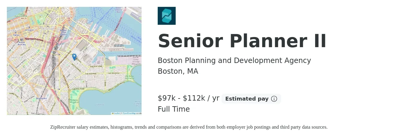 Boston Planning and Development Agency job posting for a Senior Planner II in Boston, MA with a salary of $97,436 to $112,051 Yearly with a map of Boston location.