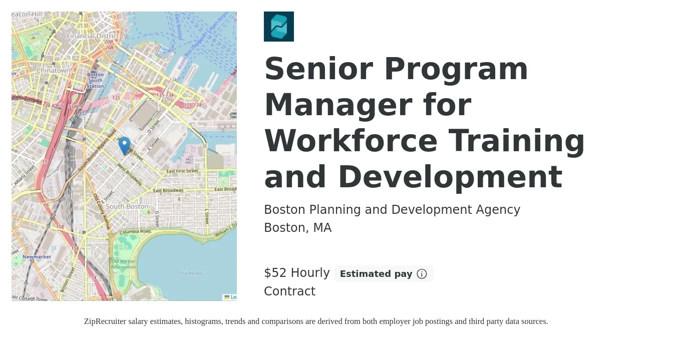 Boston Planning and Development Agency job posting for a Senior Program Manager for Workforce Training and Development in Boston, MA with a salary of $55 Hourly with a map of Boston location.
