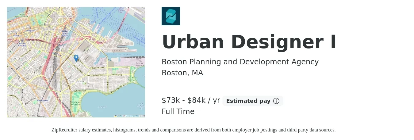 Boston Planning and Development Agency job posting for a Urban Designer I in Boston, MA with a salary of $73,205 to $84,186 Yearly with a map of Boston location.