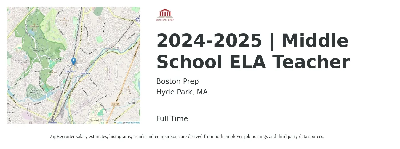 Boston Prep job posting for a 2024-2025 | Middle School ELA Teacher in Hyde Park, MA with a salary of $48,000 to $62,300 Yearly with a map of Hyde Park location.