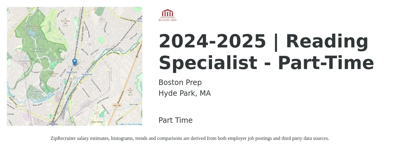 Boston Prep job posting for a 2024-2025 | Reading Specialist - Part-Time in Hyde Park, MA with a salary of $47,500 to $114,000 Yearly with a map of Hyde Park location.
