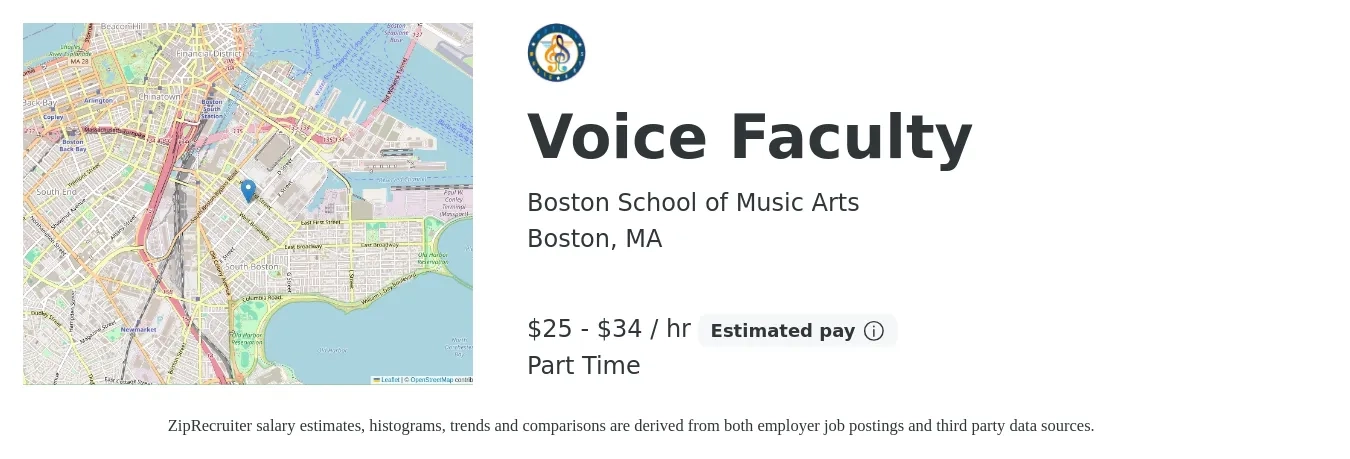 Boston School of Music Arts job posting for a Voice Faculty in Boston, MA with a salary of $26 to $36 Hourly with a map of Boston location.