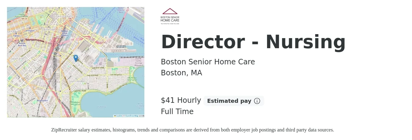 Boston Senior Home Care job posting for a Director - Nursing in Boston, MA with a salary of $90,000 Yearly with a map of Boston location.