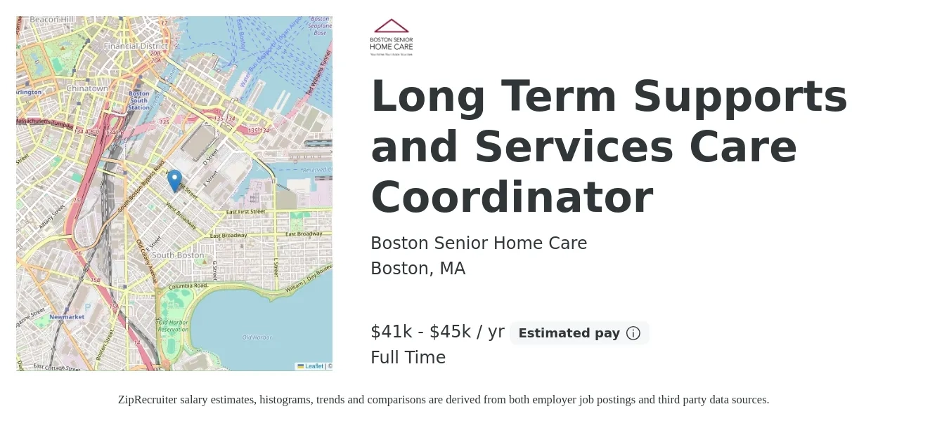 Boston Senior Home Care , Inc job posting for a Long Term Supports and Services Care Coordinator in Boston, MA with a salary of $21 to $28 Hourly with a map of Boston location.