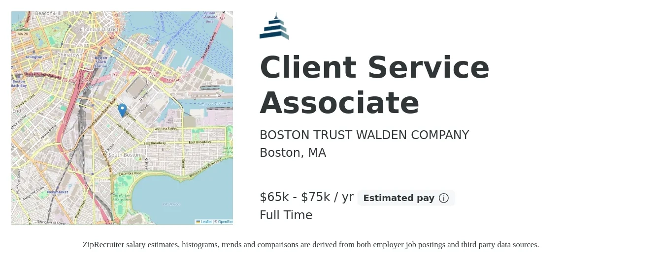 BOSTON TRUST WALDEN COMPANY job posting for a Client Service Associate in Boston, MA with a salary of $65,000 to $75,000 Yearly with a map of Boston location.