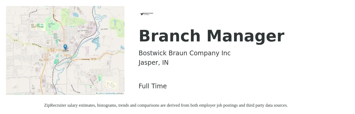 Bostwick Braun Company Inc job posting for a Branch Manager in Jasper, IN with a salary of $50,900 to $76,700 Yearly with a map of Jasper location.