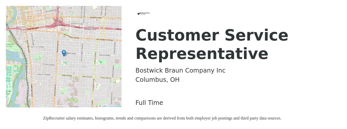 Bostwick Braun Company Inc job posting for a Customer Service Representative in Columbus, OH with a salary of $16 to $21 Hourly with a map of Columbus location.