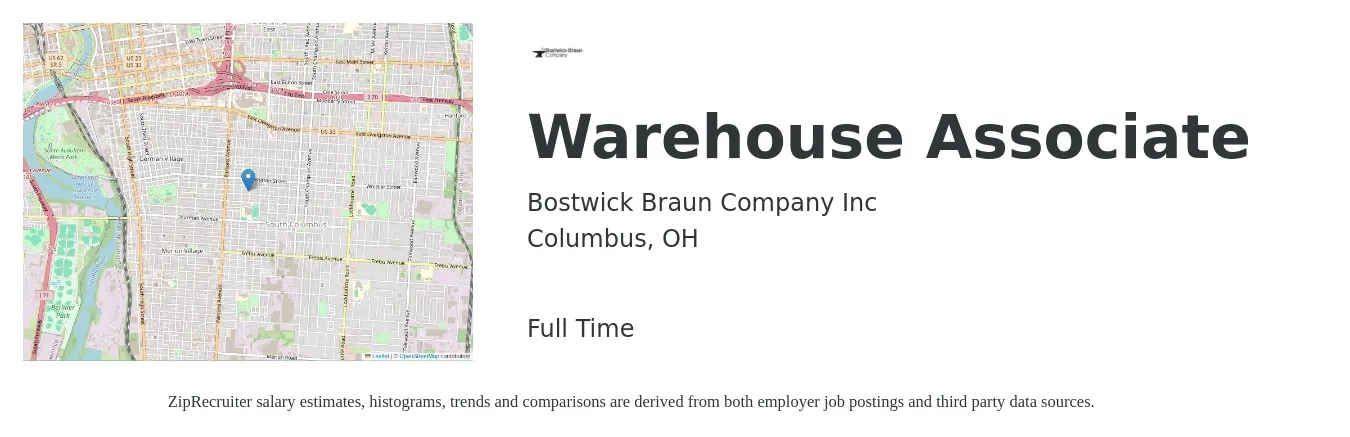 Bostwick Braun Company Inc job posting for a Warehouse Associate in Columbus, OH with a salary of $16 to $18 Hourly with a map of Columbus location.