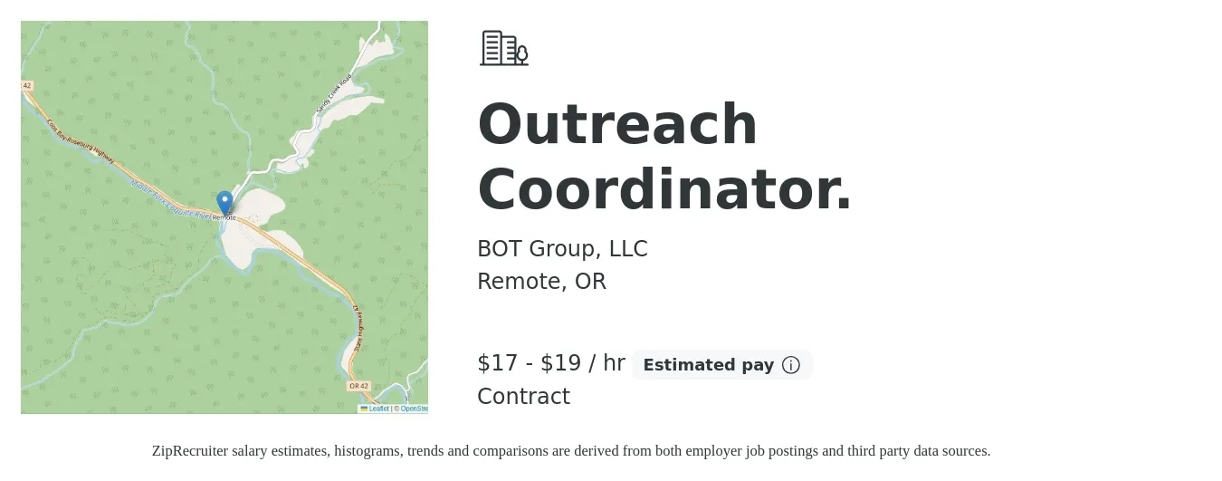 BOT Group, LLC job posting for a Outreach Coordinator. in Remote, OR with a salary of $18 to $20 Hourly with a map of Remote location.