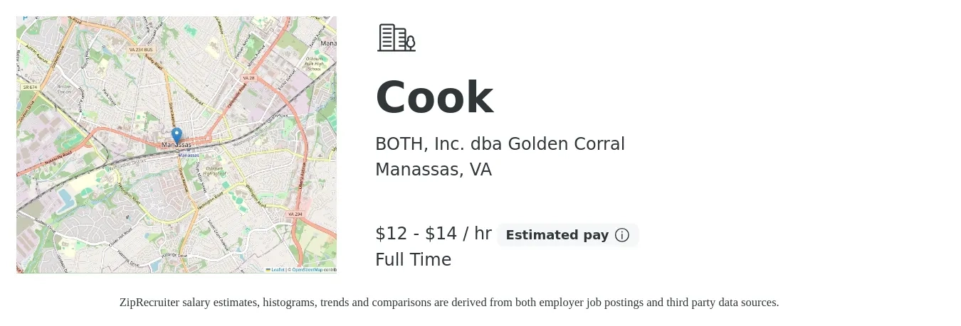 BOTH, Inc. dba Golden Corral job posting for a Cook in Manassas, VA with a salary of $13 to $15 Hourly with a map of Manassas location.