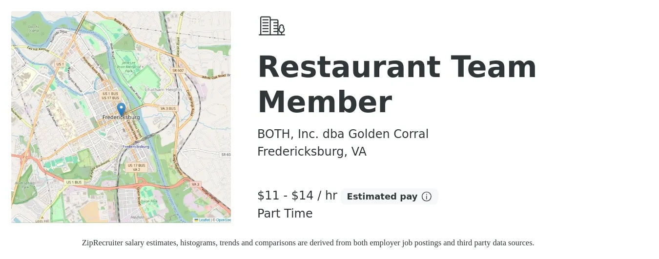 BOTH, Inc. dba Golden Corral job posting for a Restaurant Team Member in Fredericksburg, VA with a salary of $12 to $15 Hourly with a map of Fredericksburg location.