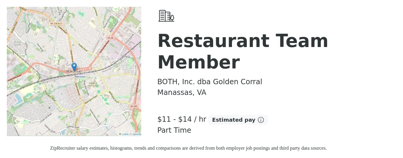 BOTH, Inc. dba Golden Corral job posting for a Restaurant Team Member in Manassas, VA with a salary of $12 to $15 Hourly with a map of Manassas location.